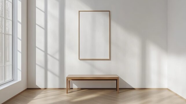 A minimalist hallway with a single artwork and a sleek bench against a white wall. picture