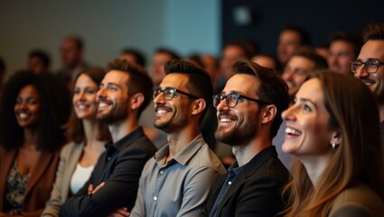 Group of people are smiling and sitting in audience