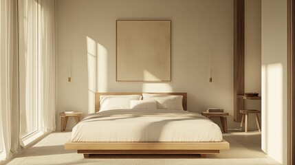 A minimalist hotel room with clean lines, neutral tones, and a single art piece above the bed. picture