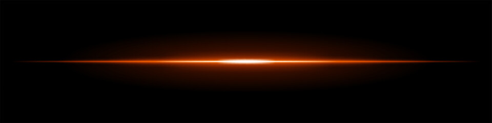 Horizontal light flare on a black background. Glowing orange beam with soft gradient effect, futuristic energy, lens reflection, cinematic glow.