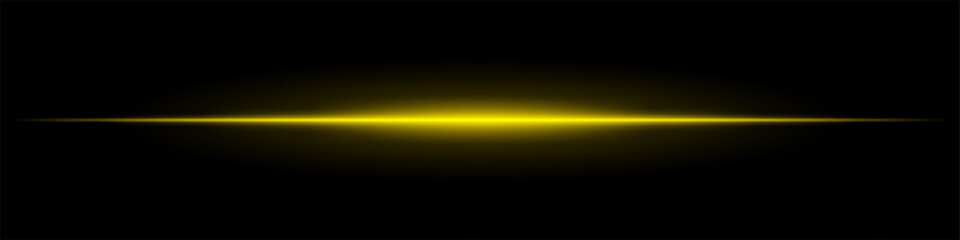 Horizontal light flare with warm glow on a black background. Yellow energy beam with smooth gradient effect, cinematic lens reflection, futuristic shine.