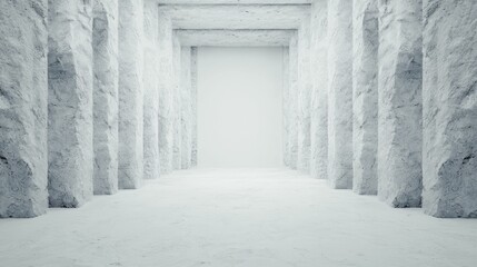 Obraz premium A minimalist white corridor with textured stone pillars, creating a spacious and serene atmosphere.