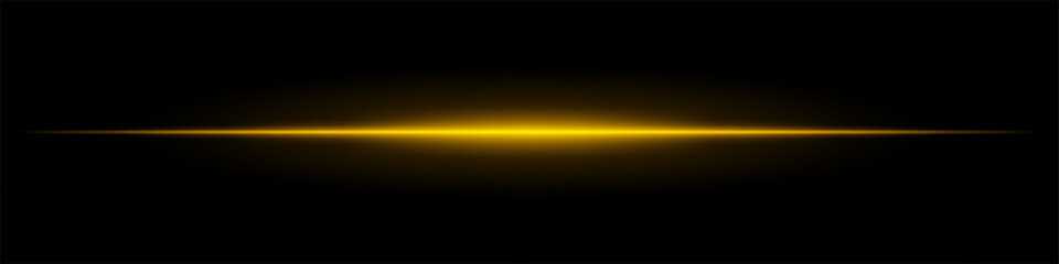 Horizontal light flare with warm glow on a black background. Yellow energy beam with smooth gradient effect, cinematic lens reflection, futuristic shine.