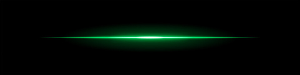 Horizontal light flare on a black background. Glowing green beam with soft gradient effect, futuristic energy, lens reflection, cinematic glow.