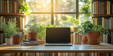 Elegant Desk with Laptop, Books, and Green Plants in Organized Library Space