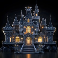 Obraz premium Beautiful and magnificent 3D cartoon palace, on a black background, generative AI