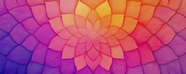 Obraz premium A vibrant mandala design featuring a gradient of purple, orange, and yellow hues, creating a harmonious and calming visual effect.
