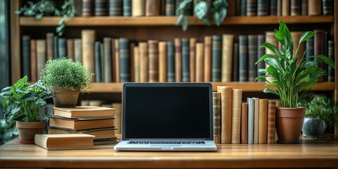 Classic Library Setup with Wooden Desk, Books, Laptop, and Potted Greenery