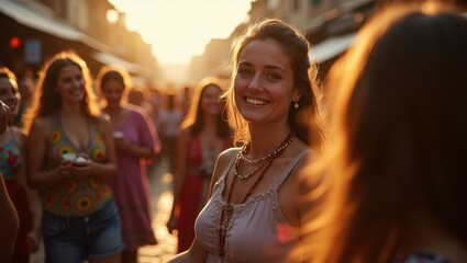 Woman is smiling while standing in crowd of people