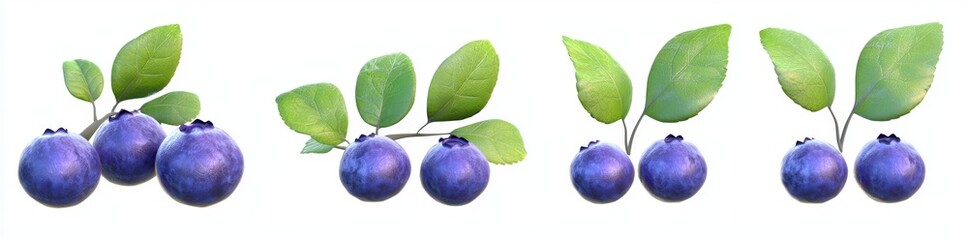 A closeup of a fresh blueberry with its leaves, isolated on a white background