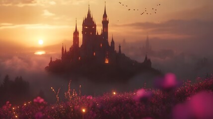 Majestic castle at sunset, ancient architecture silhouetted against colorful sky, perfect for fantasy-themed projects.