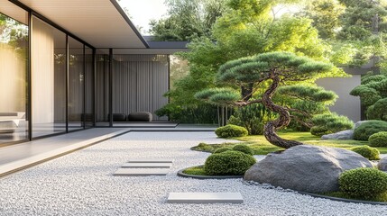 Obraz premium A minimalist outdoor garden with clean gravel paths and a single bonsai tree. picture