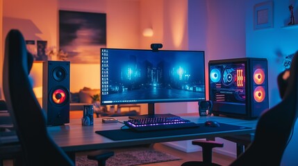 Naklejka premium Futuristic Gaming Desk Setup with Curved Monitor and RGB PC in Warm Lighting