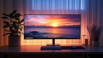 Modern Desk with Sunset Screen and Indoor Plants in a Cozy Room Setting