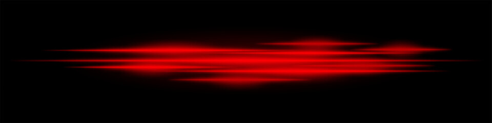 Realistic red light streaks with motion blur on a black background. Futuristic energy beams, speed effect, neon glow, sci-fi cyber design.