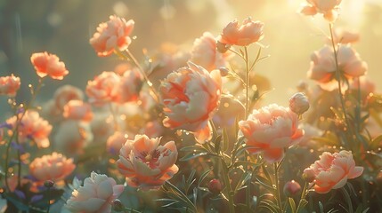 Obraz premium A garden of blooming peonies and tulips in soft morning light.