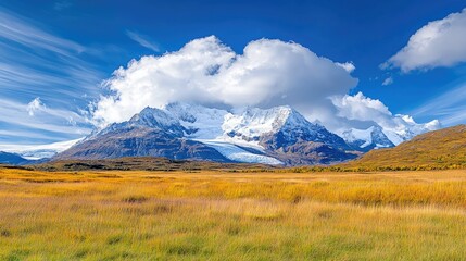 Fototapeta premium Autumnal Patagonian landscape mountains, glacier, golden field. Perfect for travel brochures