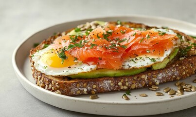 Healthy gourmet open-faced multigrain toast with avocado, smoked salmon, and sunny-side-up egg garnished with herbs and sunflower seeds on rustic white plate on concrete background, 