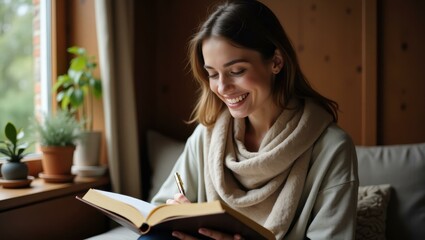 Obraz premium Woman is reading book while sitting on couch