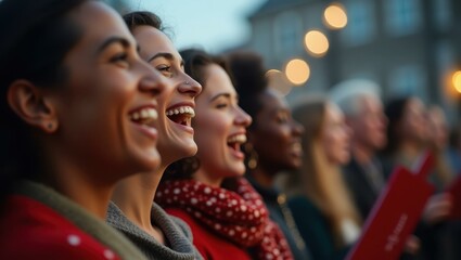 Women are singing together in choir outside at night