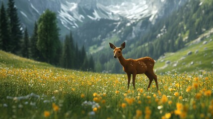 Fawn grazing alpine meadow, mountain backdrop, spring