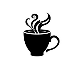 Aromatic Coffee Cup: Hot Drink, Steam, Mug, Cafe, Morning, Beverage, Warm, Relaxing, Comfort, Energy, Style, Design, Abstract, Black and White, Simple Vector Graphic, Icon, Silhouette