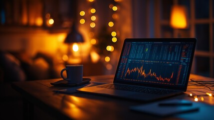 Wooden Table with Laptop Analytics and Coffee in Relaxed Lighting