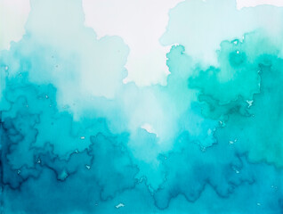 Obraz premium Blue turquoise teal mint cyan white abstract watercolor. Colorful art background. Light pastel. Brush splash daub stain grunge. Like a dramatic sky with clouds. Or snow storm cold wind frost winter