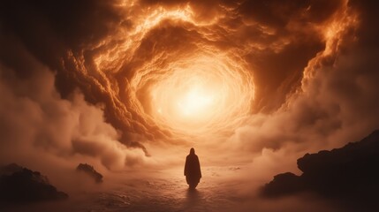 Fototapeta premium A lone figure approaches a radiant light, surrounded by swirling clouds and mist during dusk