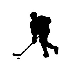 Ice hockey player with hockey and puck silhouette vector illustration design on white background.