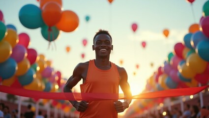 Man is crossing finish line with balloons in background