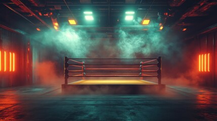 Smoky Boxing Ring, Neon Lights, Industrial Venue, Fight