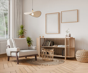 frame on wall mockup, in cozy simple living room poster wood in empty picture, farmhouse style element interior in illustration 3d render