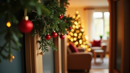 Christmas tree is decorated with red ornaments and lights