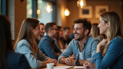 People are sitting at table talking and having conversation