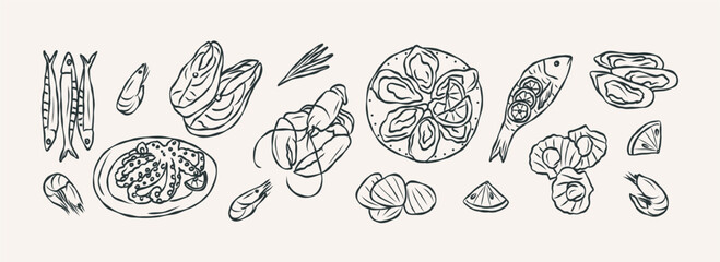 Line art seafood collection. Whimsical illustration