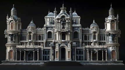 Fototapeta premium Beautiful and magnificent 3D cartoon palace, on a black background, generative AI