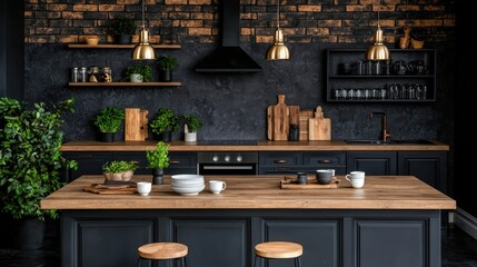 Modern dark kitchen island, plants, brick wall. Interior design for home