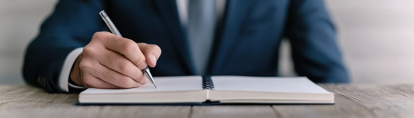 businessman writing goals in notebook with focus