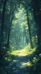 Fototapeta premium A quiet path through a dense forest with soft light peeking through the trees