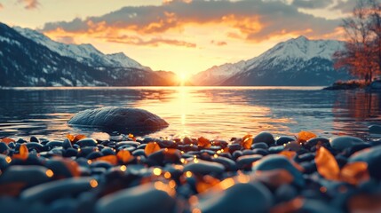 Obraz premium Sunset over mountain lake, autumn leaves on shore. Peaceful nature scene for travel brochures