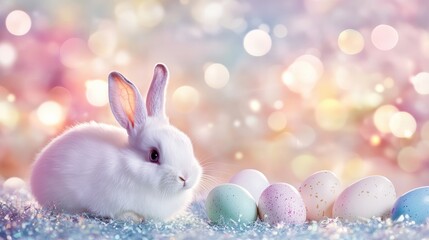 Fototapeta premium Soft Dreamy Background with Fluffy White Bunny and Pastel Colored Easter Eggs