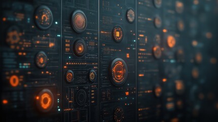 A computer monitor with many small orange buttons on it