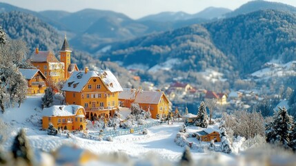 Obraz premium Snowy Alpine village winter scene postcard
