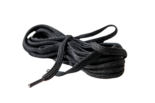 Coiled Black Shoelace on White Background Suitable for Various Footwear Applications and Crafting