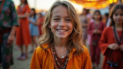 Obraz premium Girl is smiling for camera while standing in front of crowd