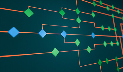 Node tree, concept, industrial process, decission, connection. Lines direction, connected with green and blue squares, network.