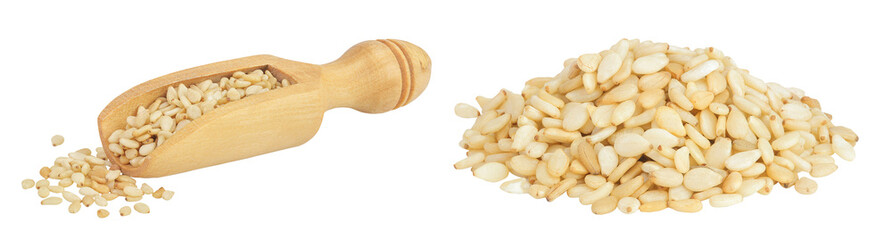 Sesame seeds in wooden scoop isolated on white background with full depth of field