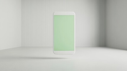 mockup blank white 3d smartphone floating with green screen in bright spacious setting