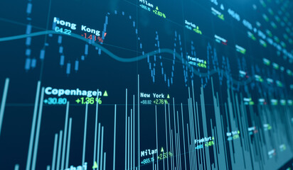 Blue and green bar graph, financial data and candle stick chart. Abstract stock exchange charts, bar graph and market data. Business, financial markets and research concept. 3D illustration